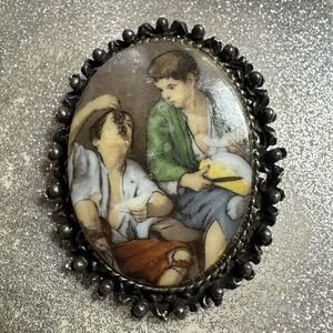 Vintage Painting Porcelain Brooch Framed Cameo Boys Eating Fruit